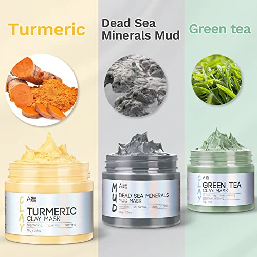 ANAI RUI Turmeric & Inexperienced Tea Clay Masks - Useless Sea Mineral Mud Masks, Spa Facial Set - 2.5 oz Every, Good Present Set