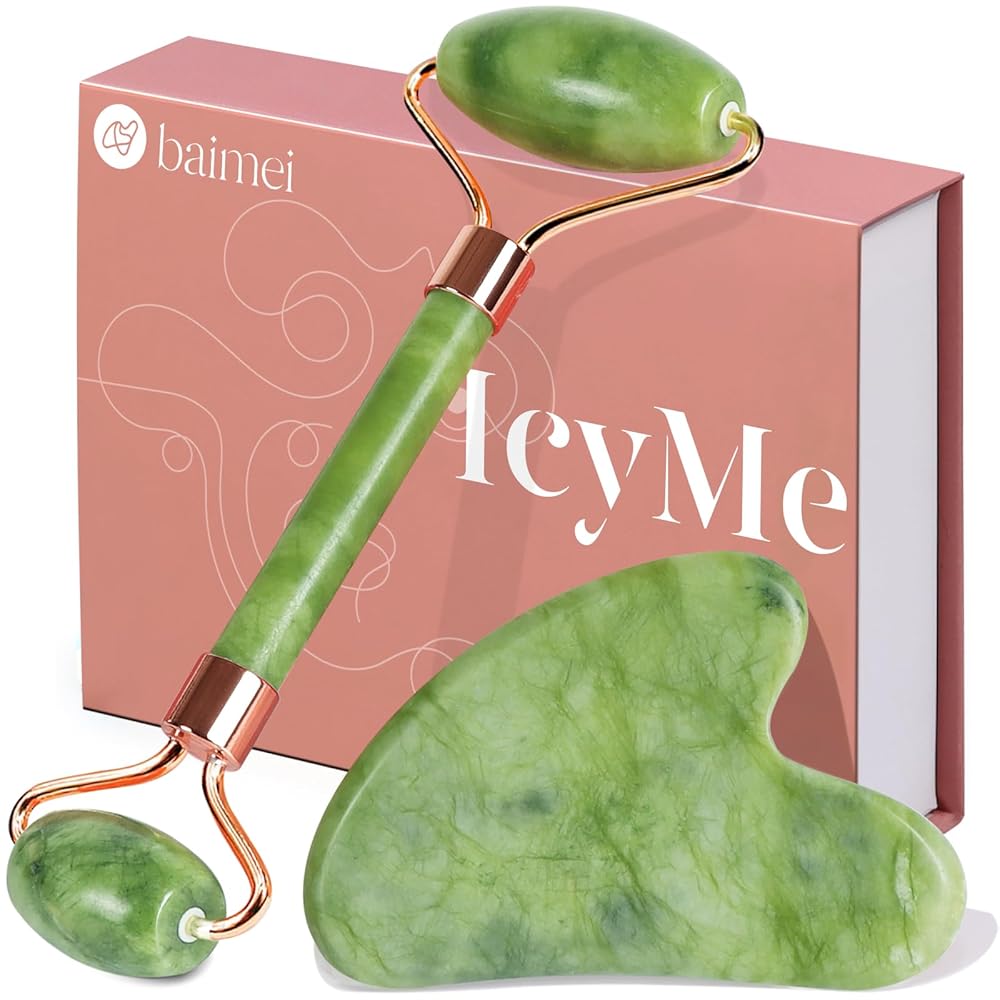 BAIMEI IcyMe Gua Sha and Jade Curler Facial Software Set for Lowering Puffiness and Redness – Pores and skin Care Necessities for Males and Girls, Excellent Self-Care Reward – Inexperienced